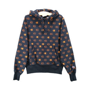 Champion Reverse Weave Men's Hoodie Blue Orange Small Logo All Over Print